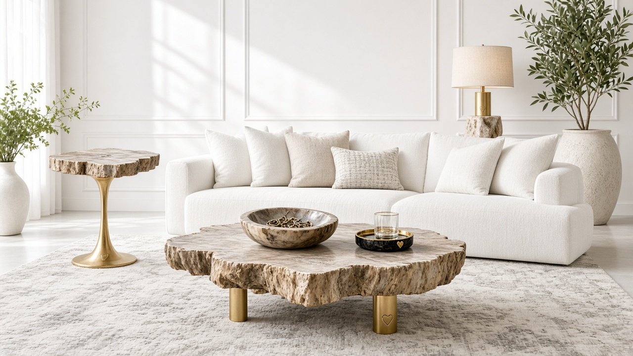Saga Studios living room — petrified wood collection